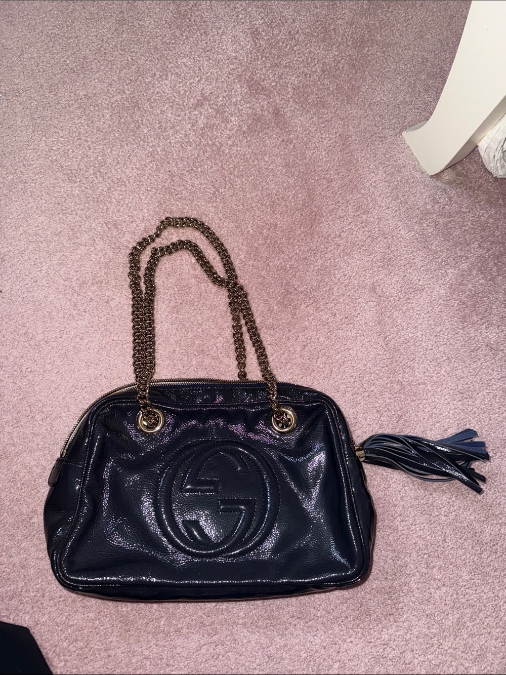 Gucci Navy Patent Leather Soho Chain Shoulder Bag with Tassel